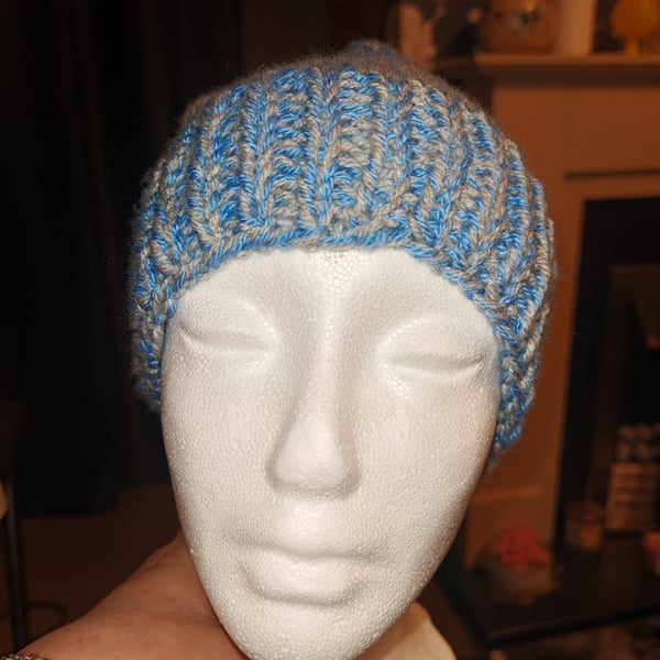 Beautiful mens blue and grey beanie hat