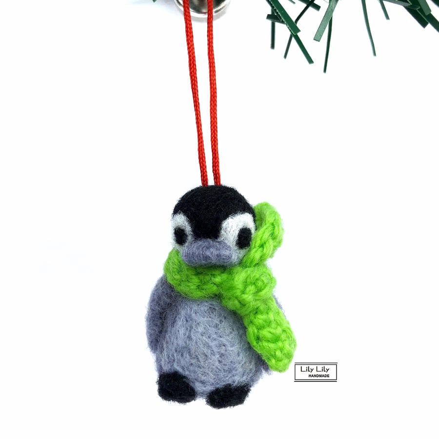 Penguin (green) Christmas Tree Decoration needle felted by Lily Lily Handmade