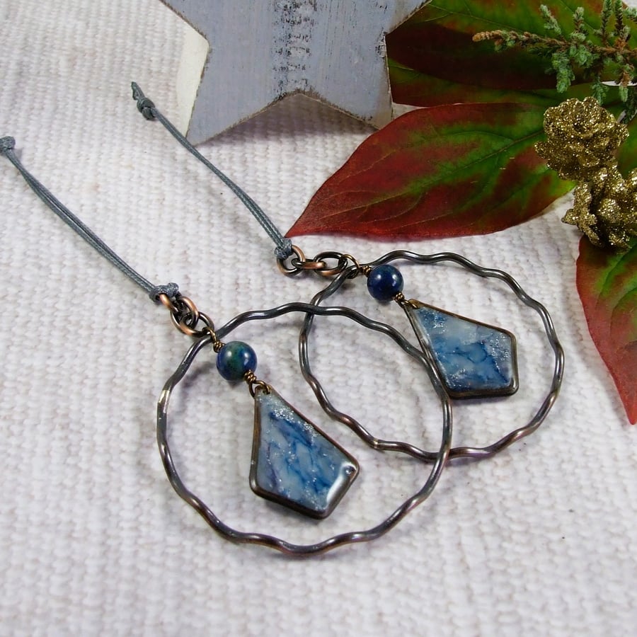 Hanging Decorations,  Copper and Blue Marbled Clay with Chrysocolla Gemstone