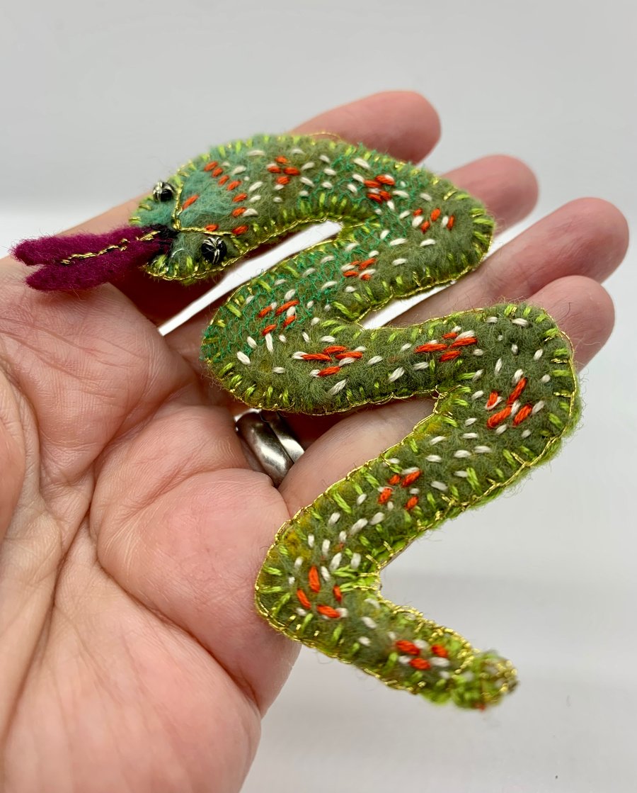 Green felted snake brooch 