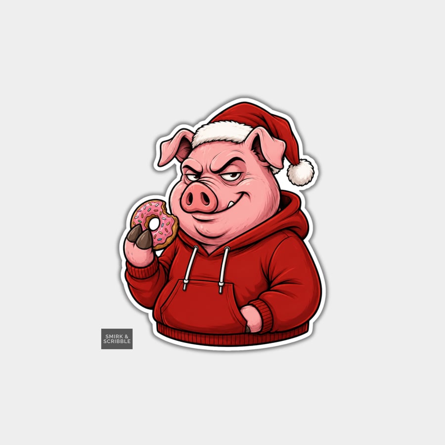 Funny Christmas Sticker Vinyl Xmas Decal For Adults - Greedy Pig In Hoodie