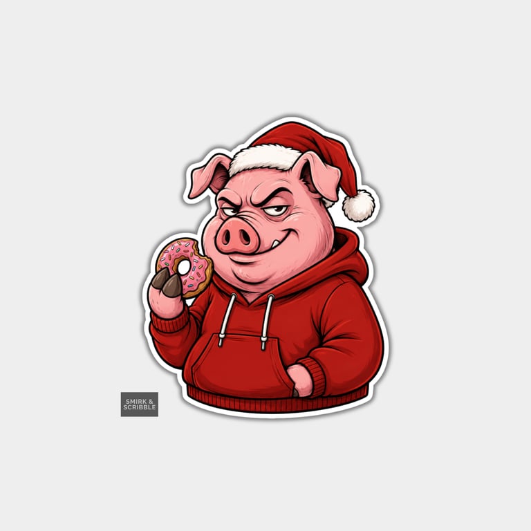 Funny Christmas Sticker Vinyl Xmas Decal For Adults - Greedy Pig In Hoodie