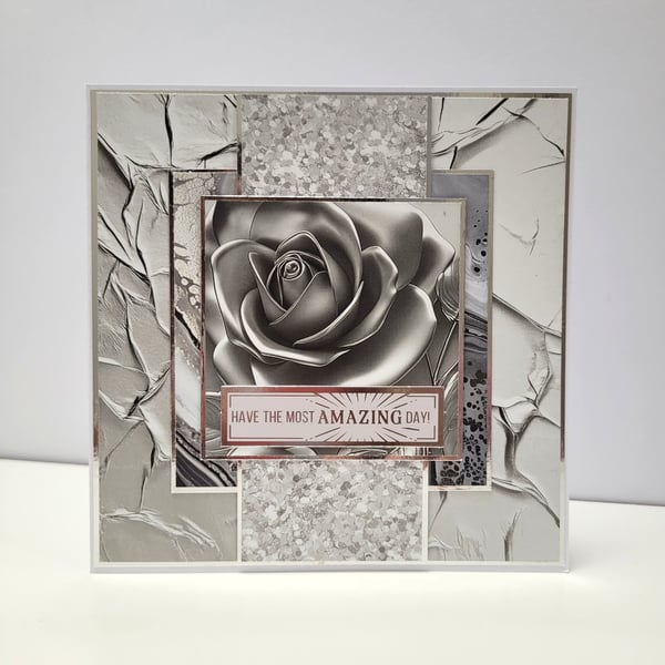 Luxury Handmade Birthday Card – Elegant Silver Rose Design