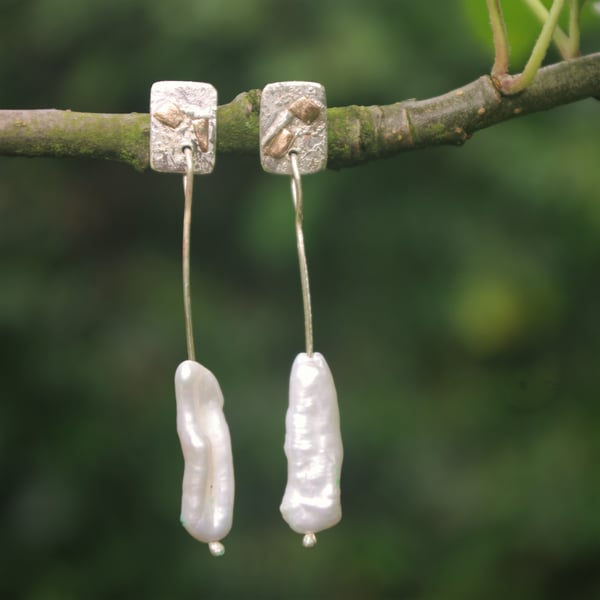  Silver and Gold Textured Stud Earrings with Biwa Freshwater Pearl Drop