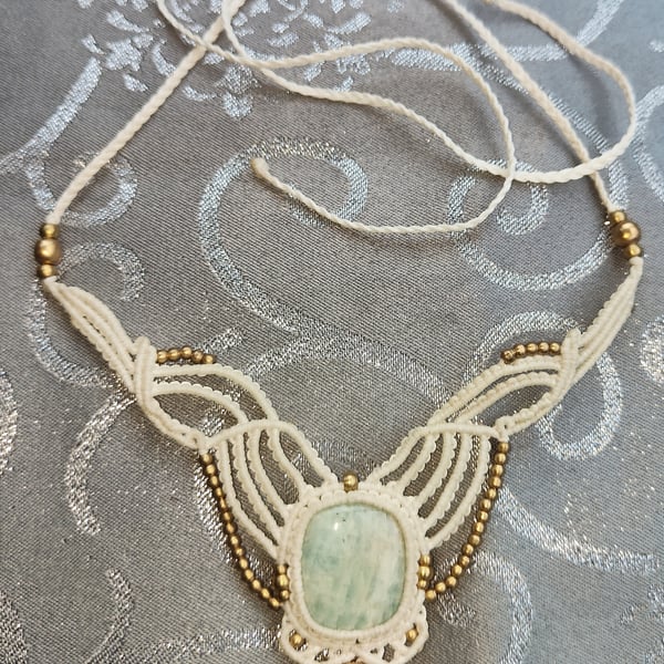 White Macrame Necklace with Brass and Aventurine
