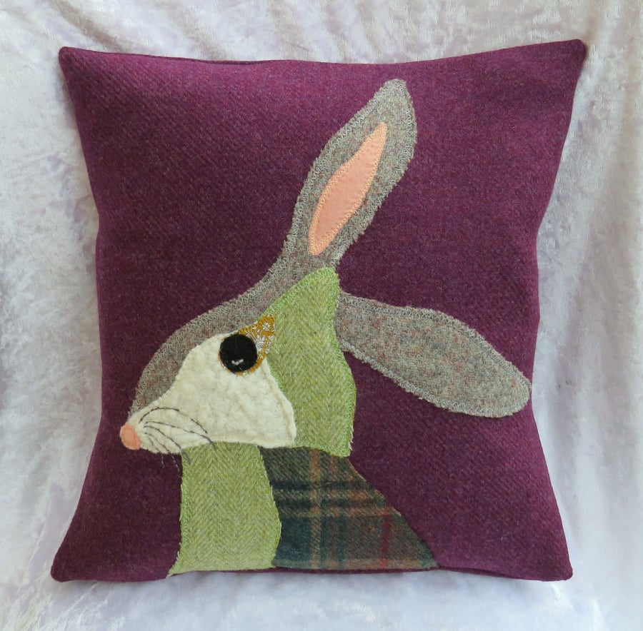 Hare Cushion, scrappy hare, wool cushion, with feather pad, 13 inches