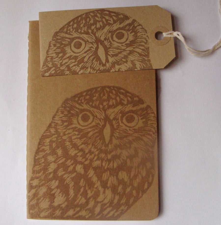 Handprinted Moleskine notebook with matching gift tag