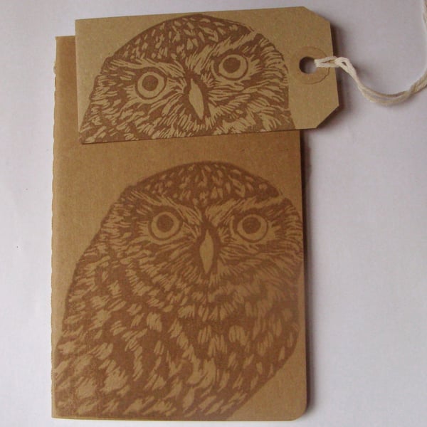 Handprinted Moleskine notebook with matching gift tag