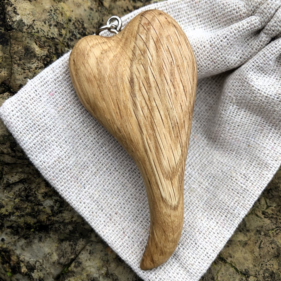 Boho chic hand carved oak wood heart pendant 