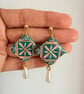 Emerald Green Ornate Pink Floral Tile Statement Earrings - Image 5