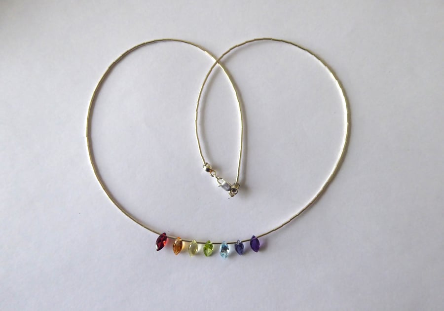 Sterling Silver and  Gemstone Necklace with Rainbow coloured Chakra Crystals