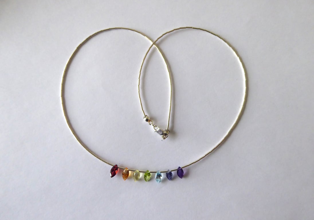 Sterling Silver and  Gemstone Necklace with Rainbow coloured Chakra Crystals