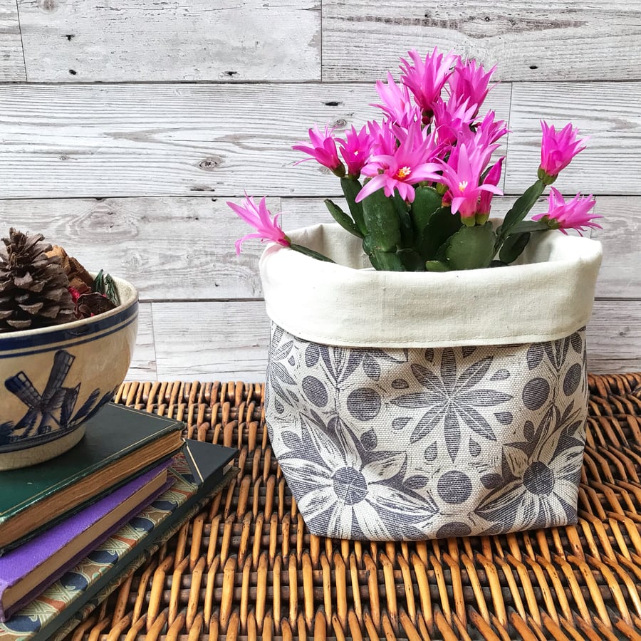 Hand Printed Linen Storage Basket, Textile Basket, Plant Pot - Lavender