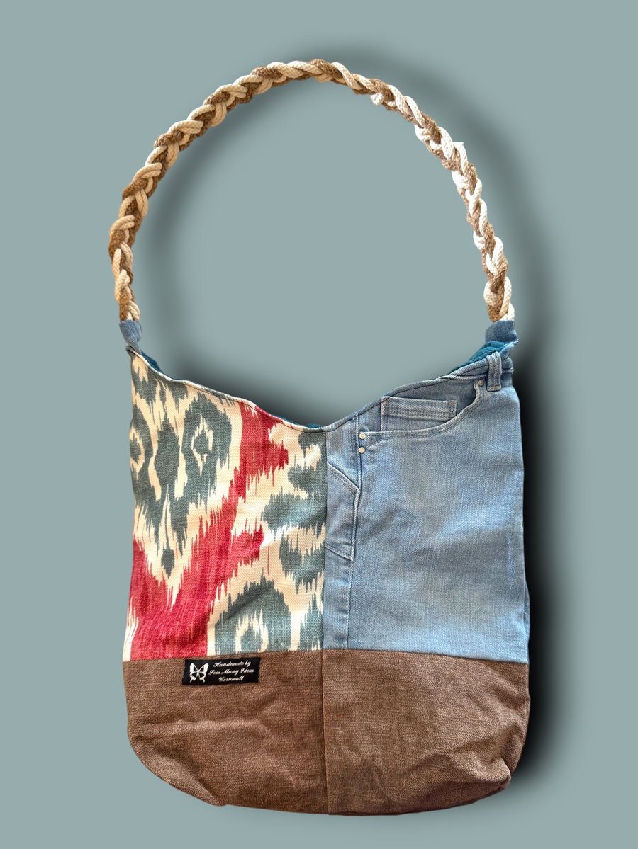 Upcycled Denim & Bold Pattern Tote with Plaited Cord Strap