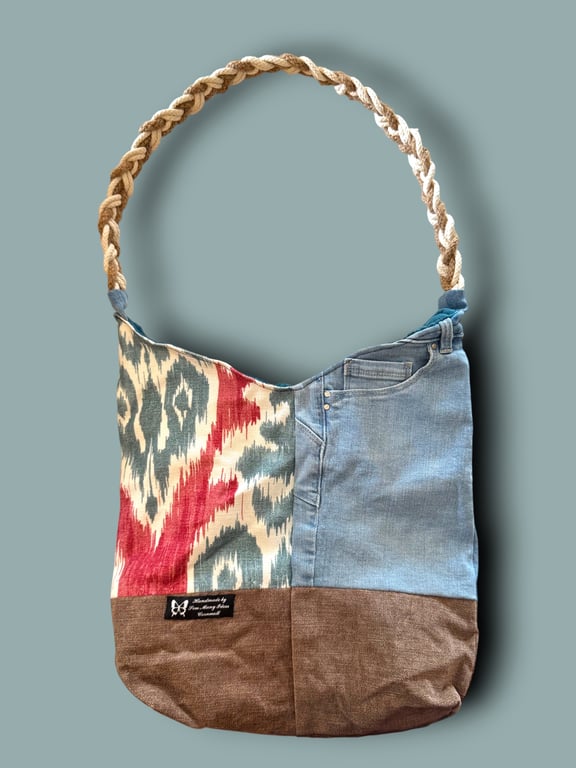 Upcycled Denim & Bold Pattern Tote with Plaited Cord Strap