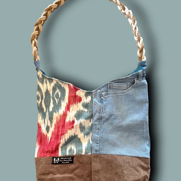 Upcycled Denim & Bold Pattern Tote with Plaited Cord Strap