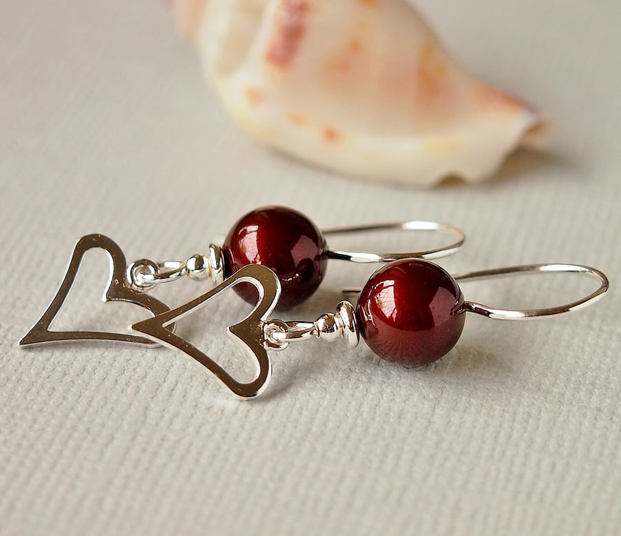 Dark Red Pearl Earrings - Heart Charm Earrings - Maroon, Sterling Silver