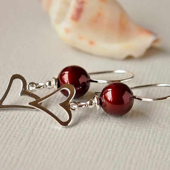 Dark Red Pearl Earrings - Heart Charm Earrings - Maroon, Sterling Silver