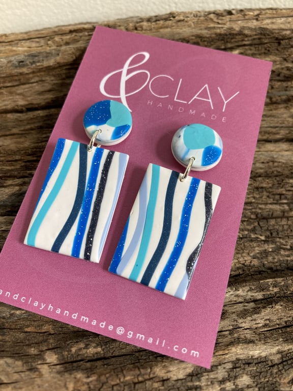 Blue Stripes Rectangular Stud Earring