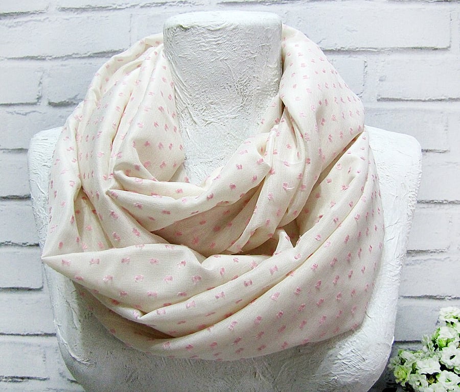 Silk pastel soft light cream with pink polka dots infinity scarf spring shawl