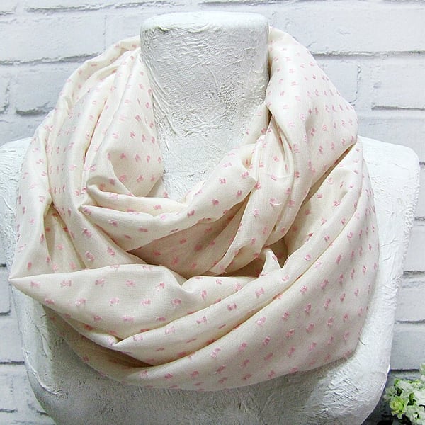 Silk pastel soft light cream with pink polka dots infinity scarf spring shawl