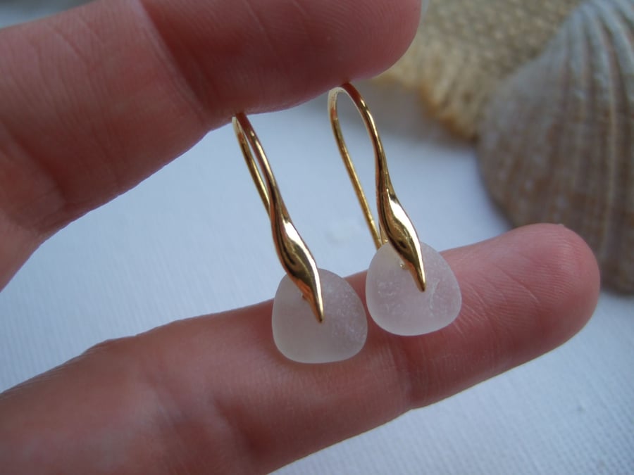 White Scottish sea glass earrings, 24K gold plate on sterling silver, dangle 