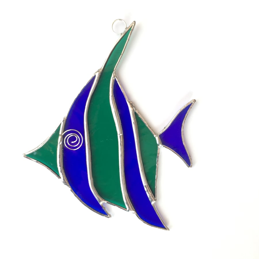 Stained Glass Angel Fish Suncatcher - Handmade Decoration - Green and Blue