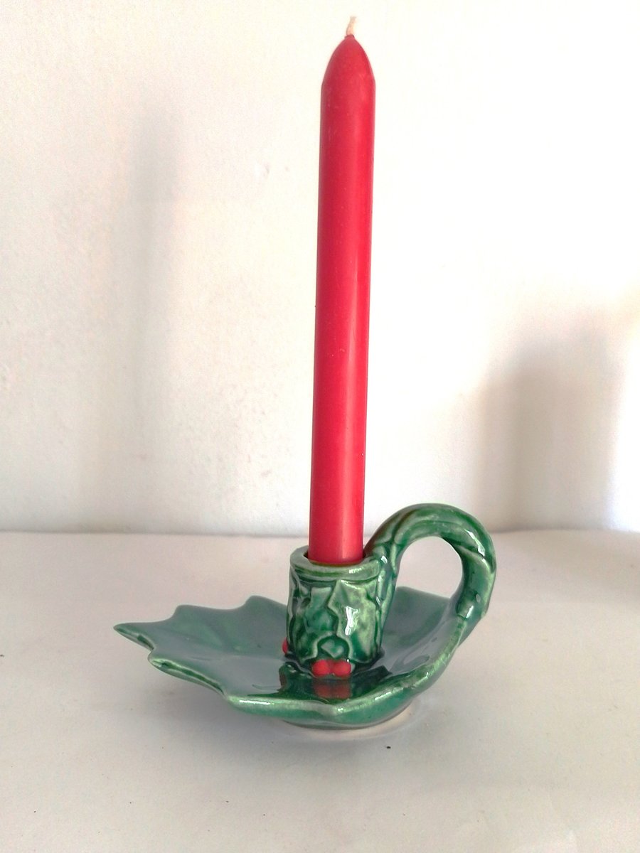 Ceramic Holly green leaf candleholder, Candleholder Christmas