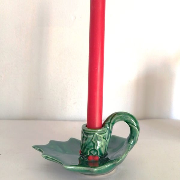 Ceramic Holly green leaf candleholder, Candleholder Christmas