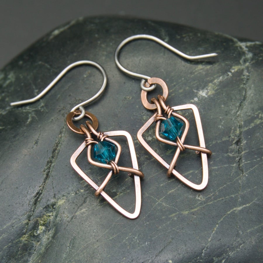 Hammered Copper Arrowhead Earrings with Faceted Turquoise Glass Beads