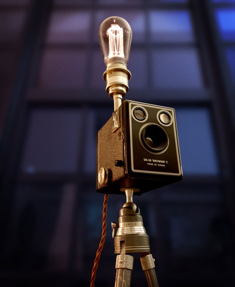 Upcycled Vintage 1940s Kodak Brownie Camera Edison Tripod Lamp