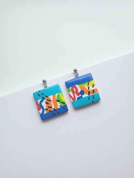 Handmade Polymer Clay Dangle Earrings - Art Block Danglers