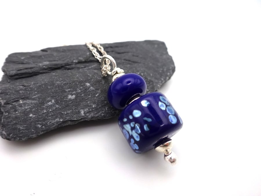 blue and silver speckled lampwork glass pendant necklace