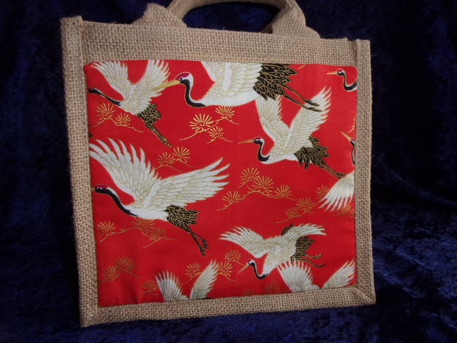 Small Jute Bag with Japanese Cranes on a Red Background