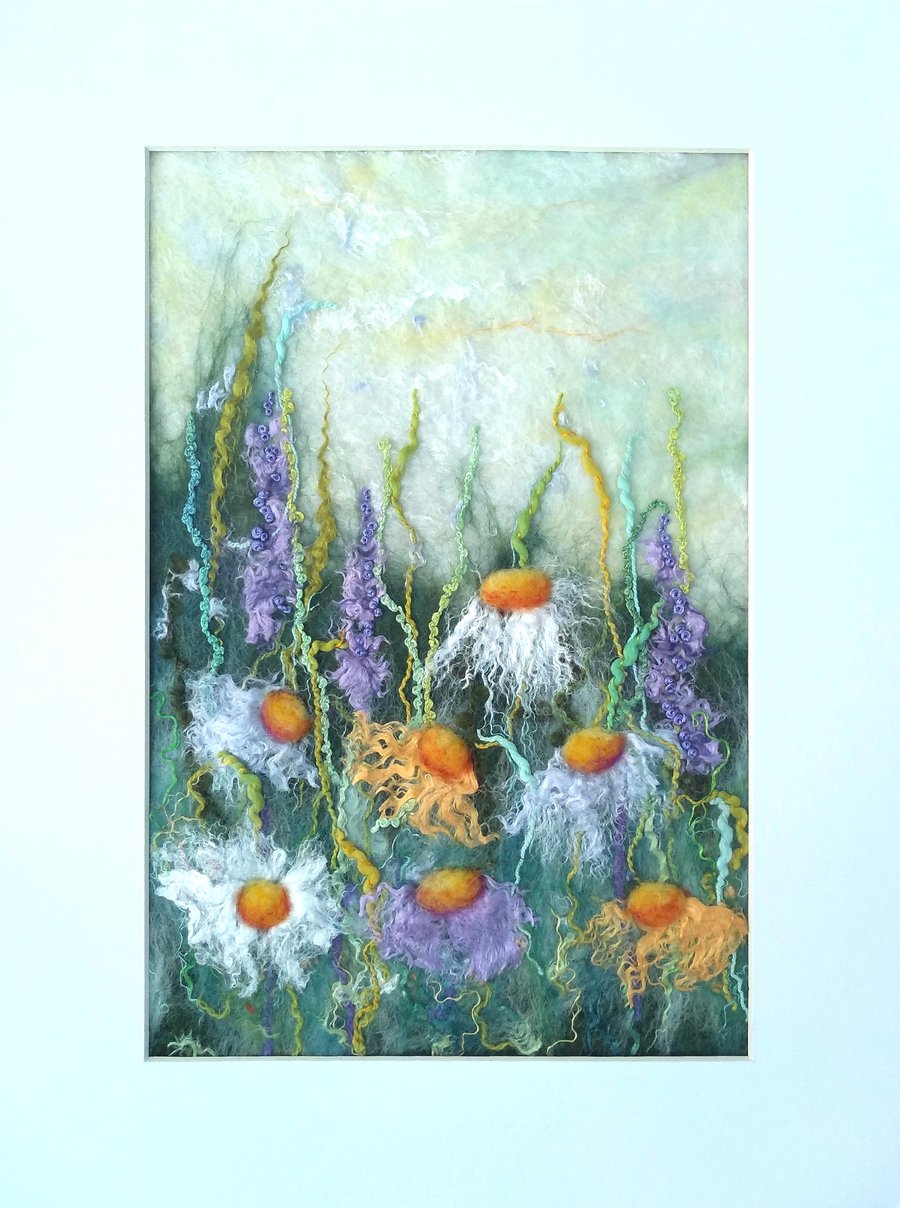 Wild Flowers Painting with Wool, Wet Felt Landscape Art Picture, Original Unique