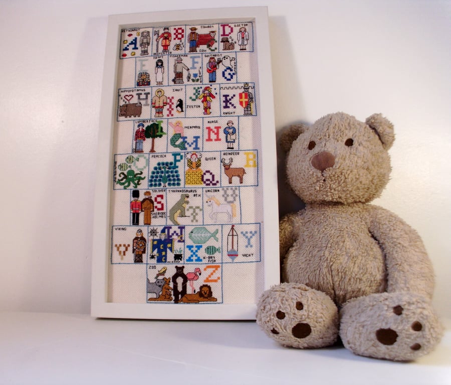 Personalised nursery alphabet sampler,cross stitch,Abc picture