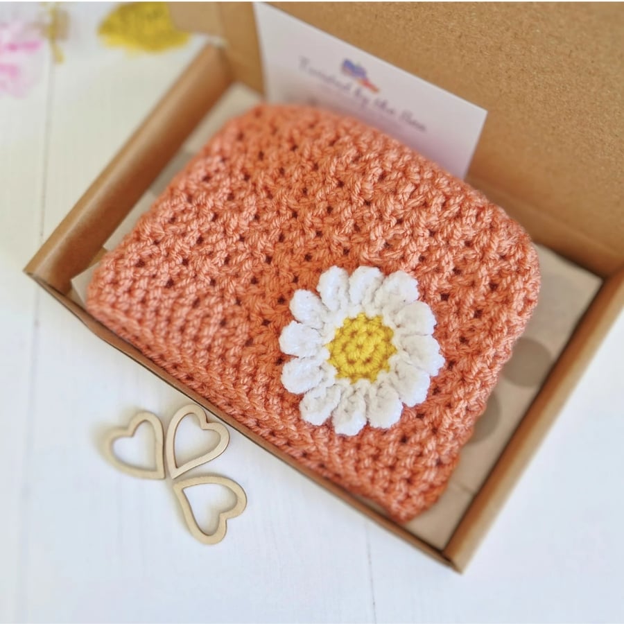 Handmade Crochet Baby Daisy Peach Beanie Hat - CLEARANCE 