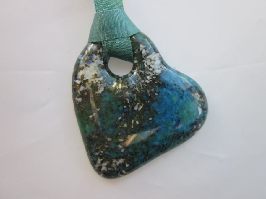 Handmade cast glass heart pendant - Ocean marble  
