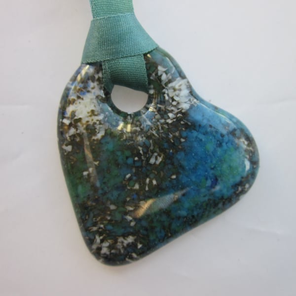 Handmade cast glass heart pendant - Ocean marble  