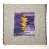 Unframed handwoven tapestry weaving, textile art in purple, yellow, and blue