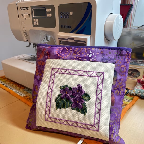 Purple Batik Zipped Purse with Violet Flower Cross stitch Panel.