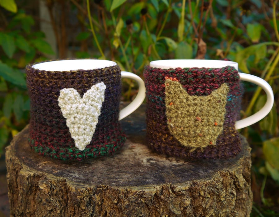 Rustic Mug Cosies, Folk Art Chicken and Heart, Set of Two