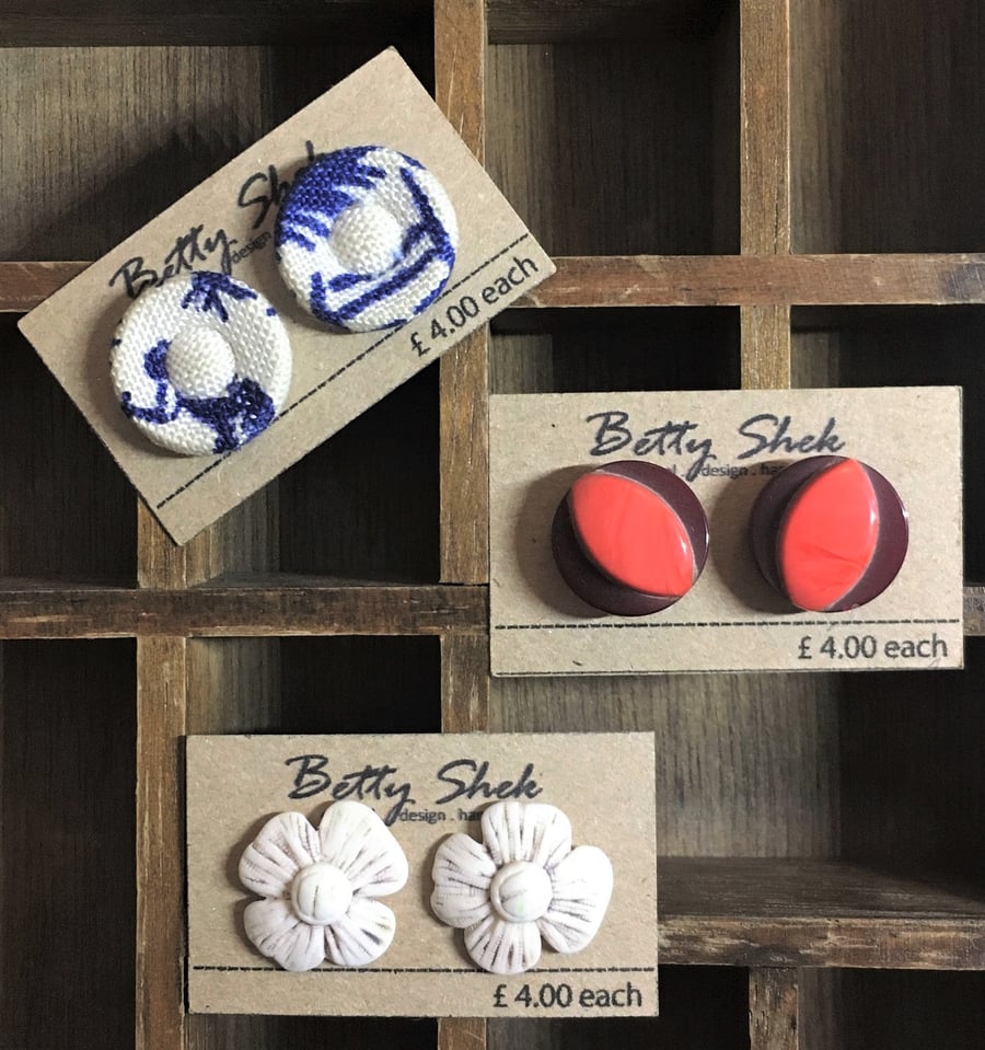 Three Pairs Vintage Button Stud Handmade Earrings