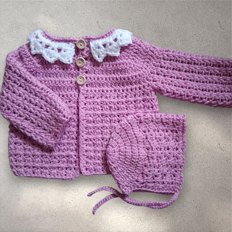 petal pink crochet baby cardigan, optional bonnet, 0-3 months