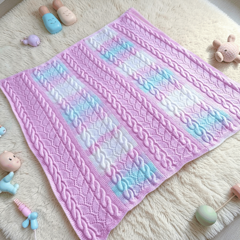 Baby blanket hand knitted in pink and pastel stripes with lace and cable design 