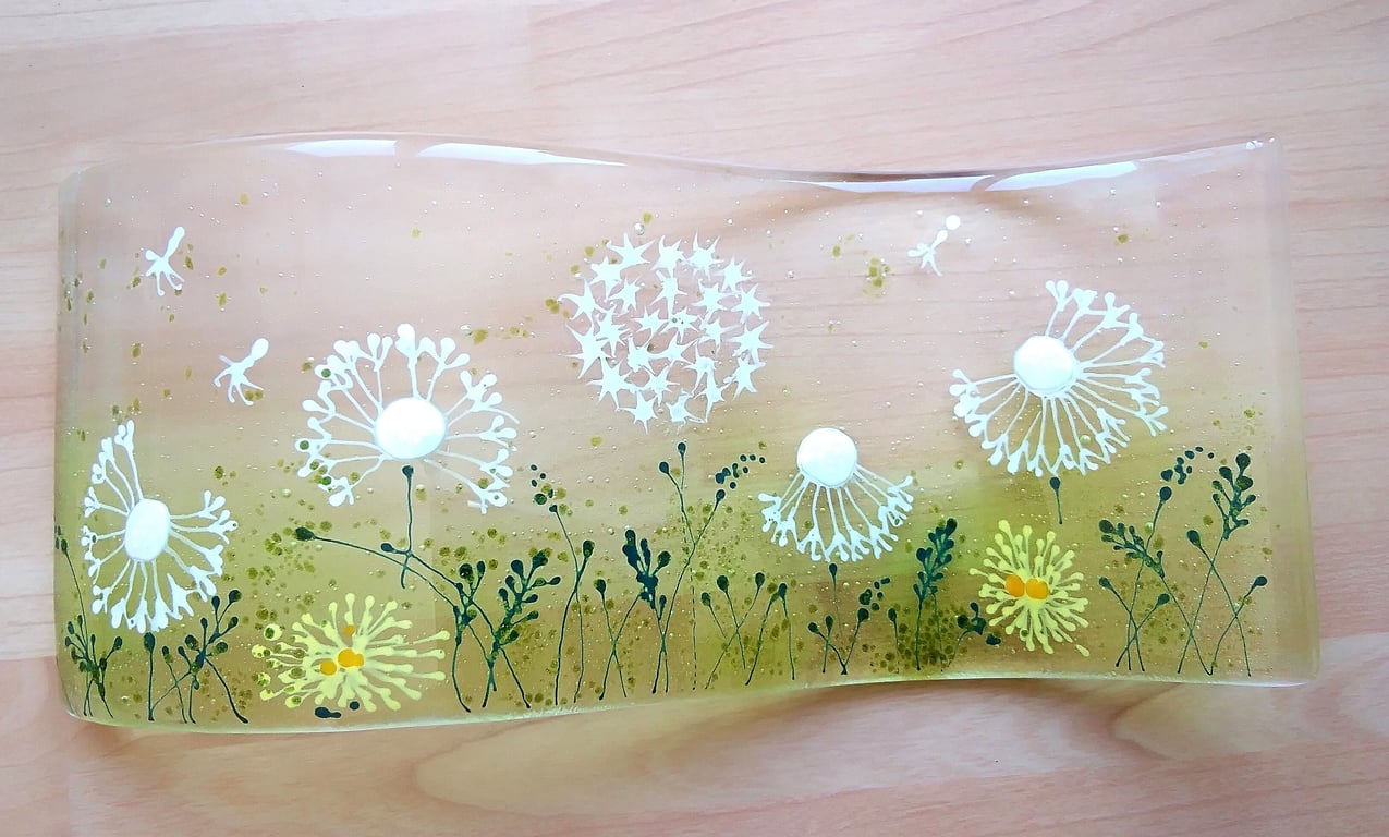 Hand Drawn Dandelion Fused Glass Curve: Freestanding Art