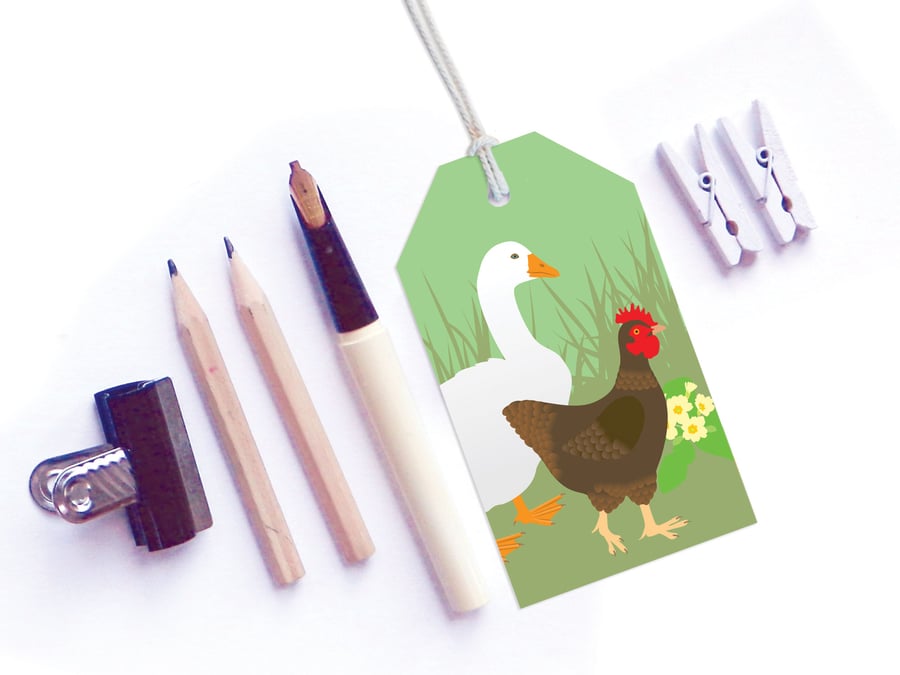 Hen & Goose Gift Tags - Easter, Spring tags, six tags