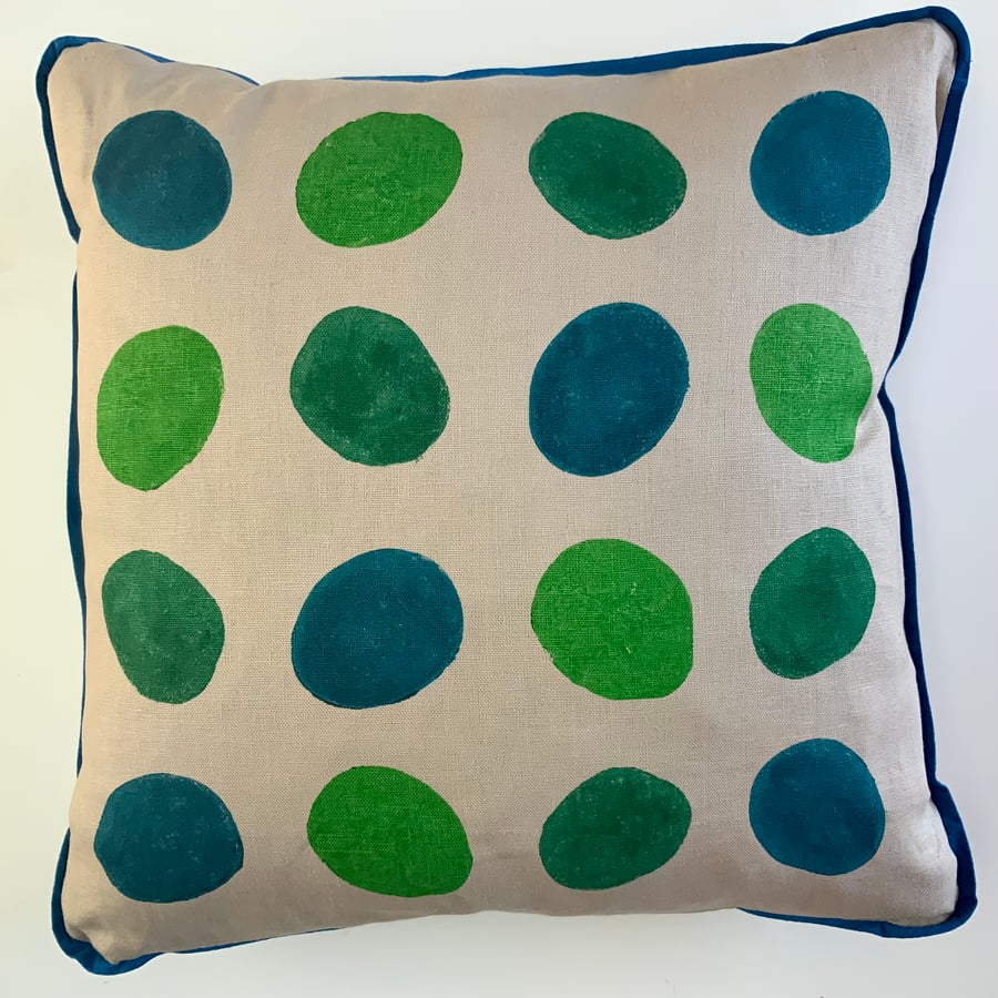 GREEN  BLOB - Unusual, Cosy, Designer Hand-Block-Printed Cushion from Devon.