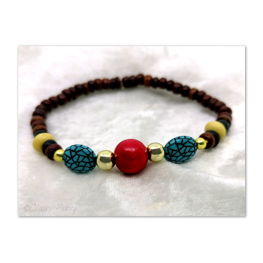 Wooden Surfer's bead bracelet with Turquoise and red beads