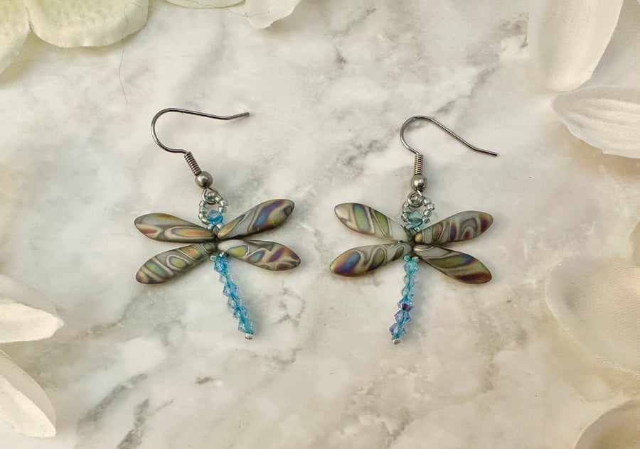 Dragonfly Earrings - Matt Alabaster Zebra Vitrail